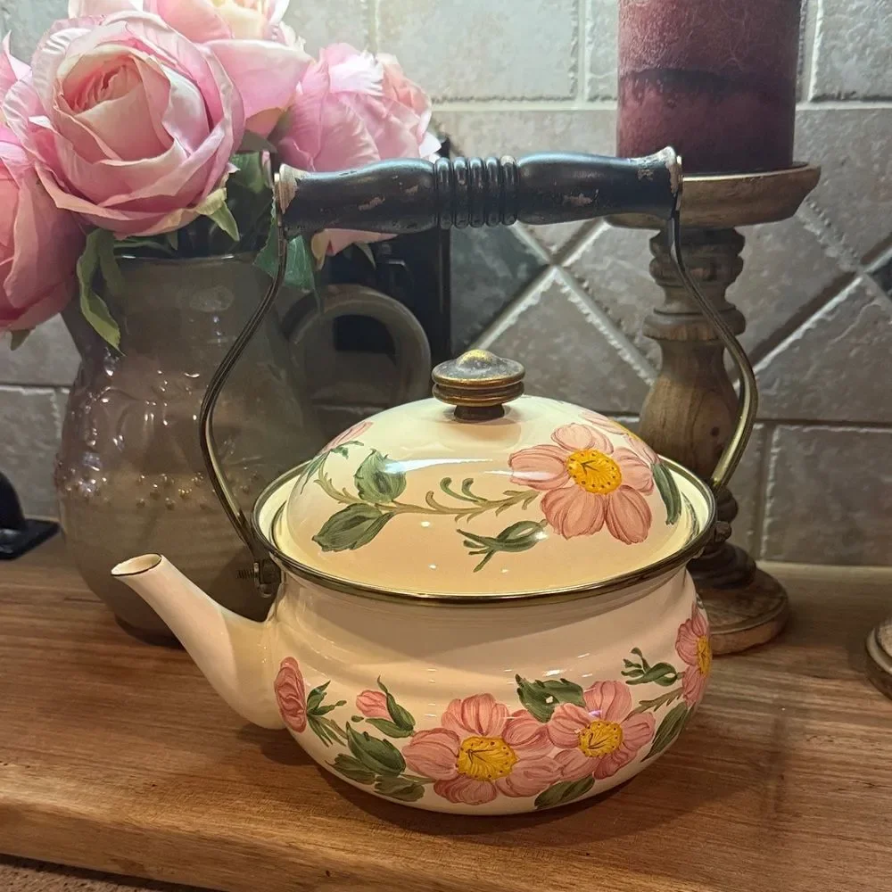 Franciscan Pink Floral Enamel Teapot with Wooden Handle